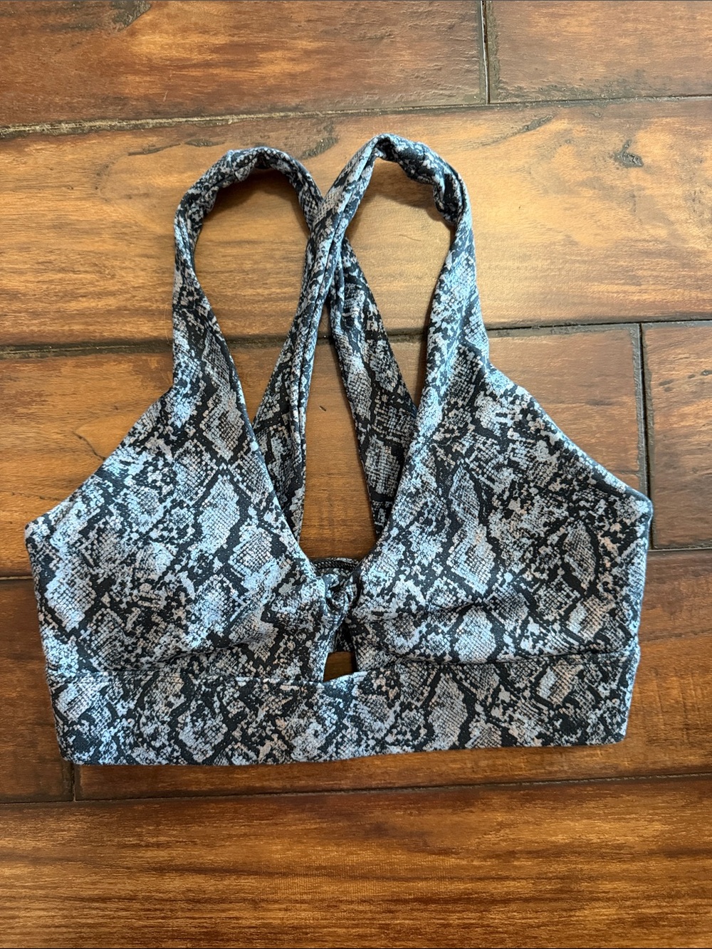Fabletics Snake-Print Sports Bra in Black, Blue and Gray